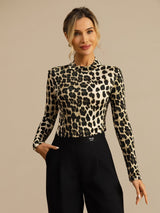 [Leopard] SilkSilky-NO Langermet Falsk Krage T-skjorte for Kvinner 007