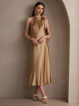 [Champagne] SilkSilky-NO Sleeveless Halterneck Kjole 008