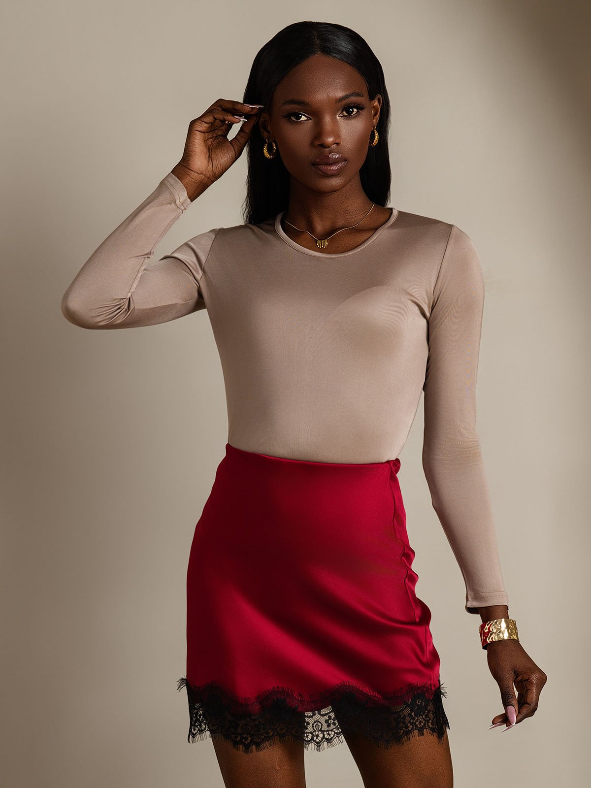 [Kaffe] SilkSilky-NO Silke Long Sleeve Round Neck T-skjorte for Kvinner 004