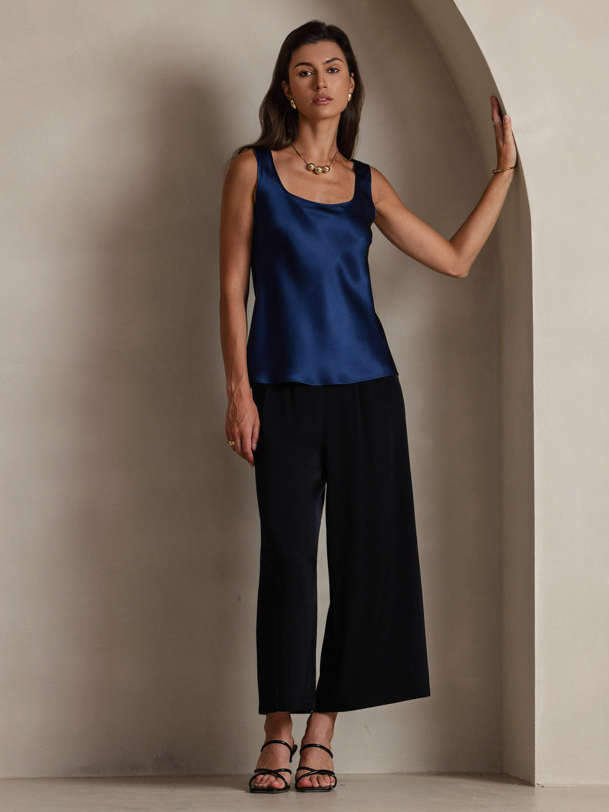 [Mørke blå] SilkSilky-NO 19Momme Silke U-hals Camisole Topp 006