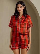 [Rødt Rutemønster] SilkSilky-NO Short Sleeve Notch Collar Pyjamas for Kvinner 003