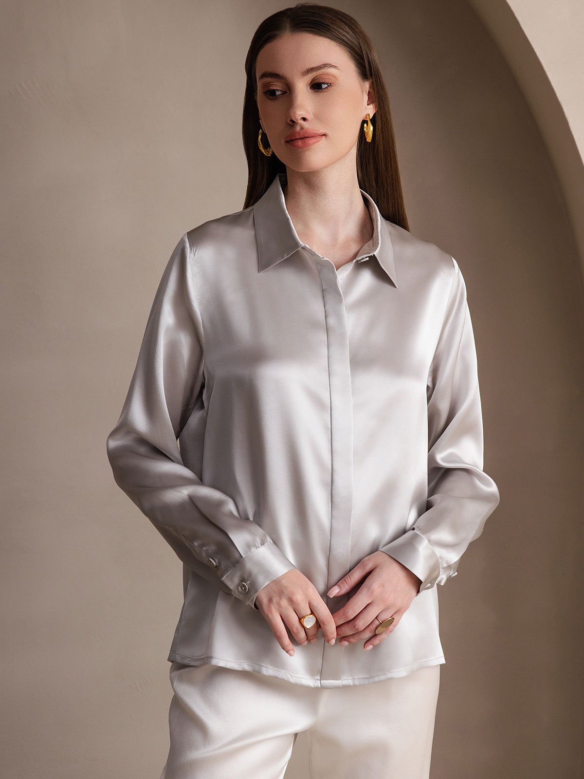 [Lysegrå] SilkSilky-NO 19Momme Silke Womens Shirt 004