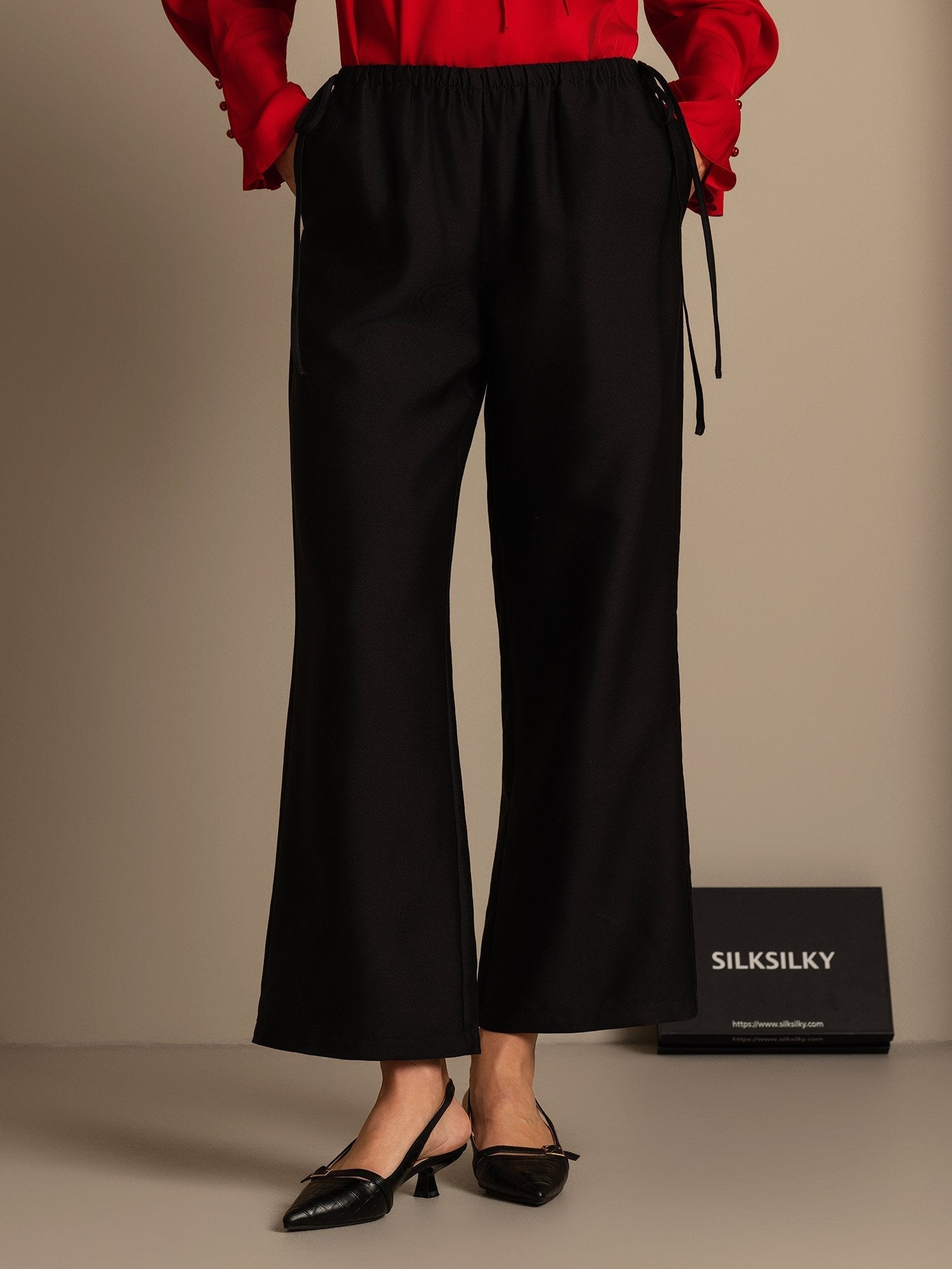 [Svart] SilkSilky-NO 32Momme Silk-Wool Blend Womens Pants 001,