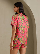[Korallfarget Serval] SilkSilky-NO Short Sleeve Notch Collar Pyjamas for Kvinner 002