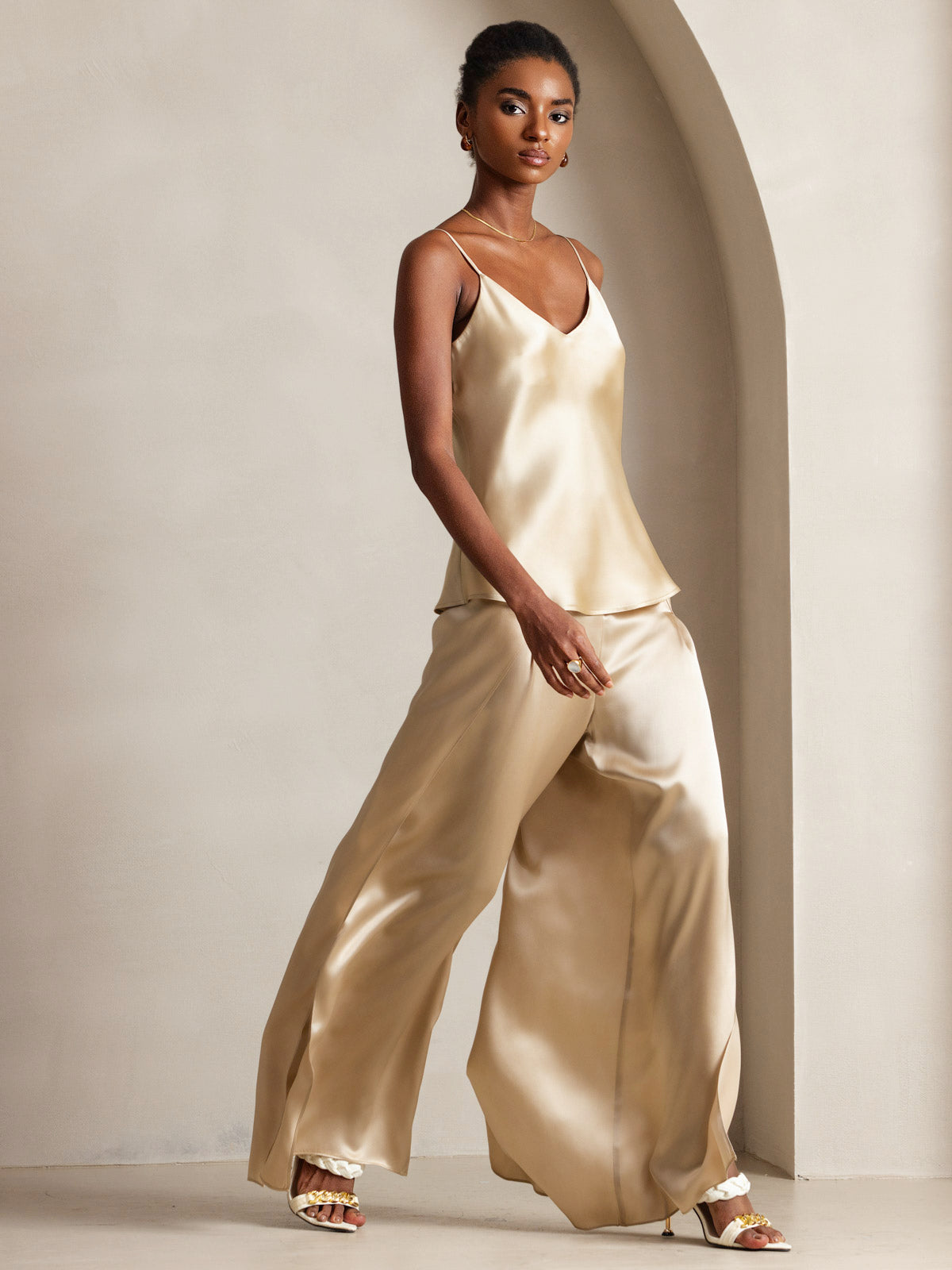 [Champagne] SilkSilky-NO V-Hals Camisole Topp 005