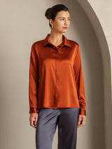[Karamell] SilkSilky-NO Long Sleeve Lapel Collar Skjorte for Kvinner 005