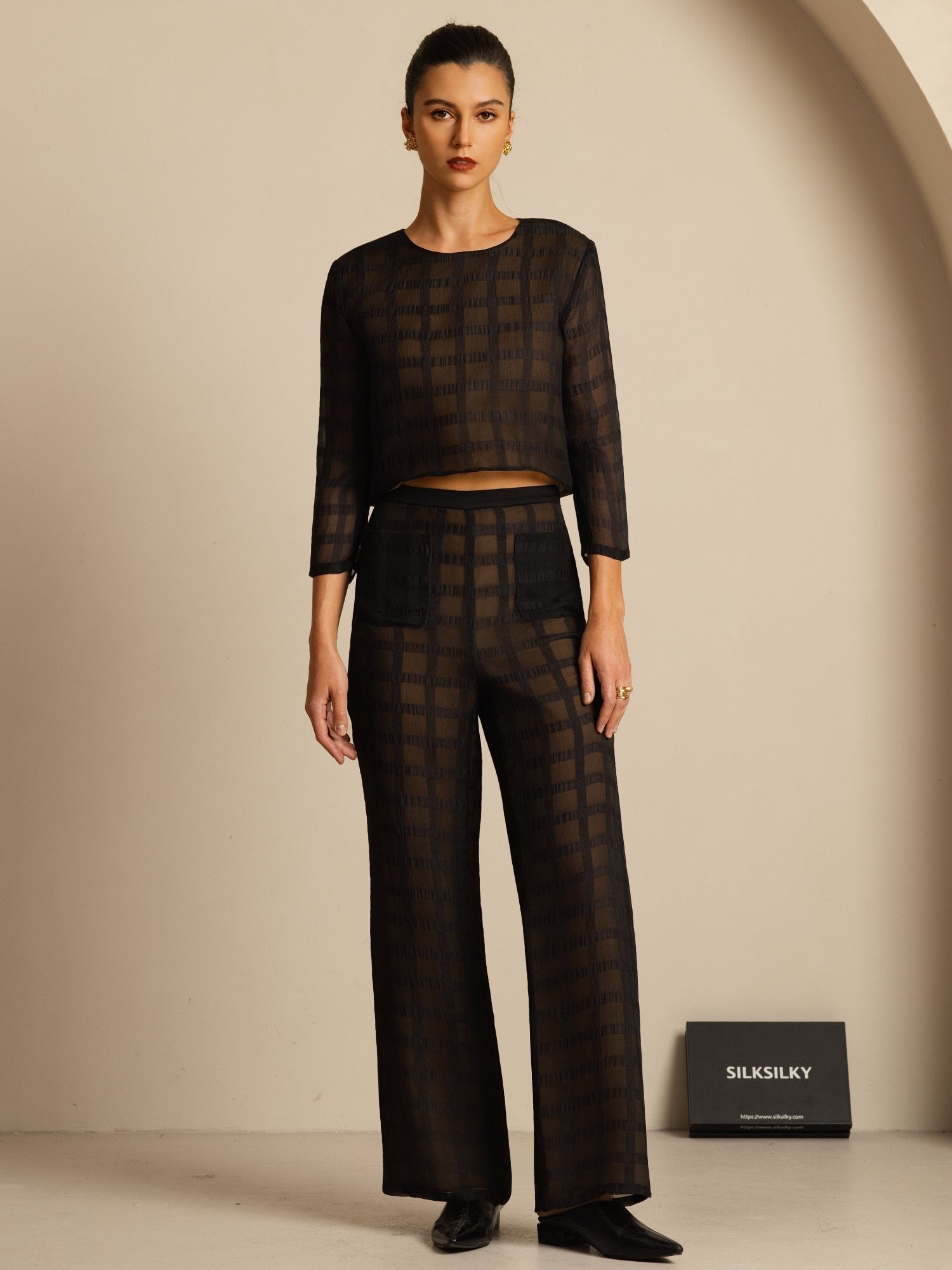 [Svart] SilkSilky-NO Ren Silke Langermet Rund Hals Women''s Outfit Sets 001