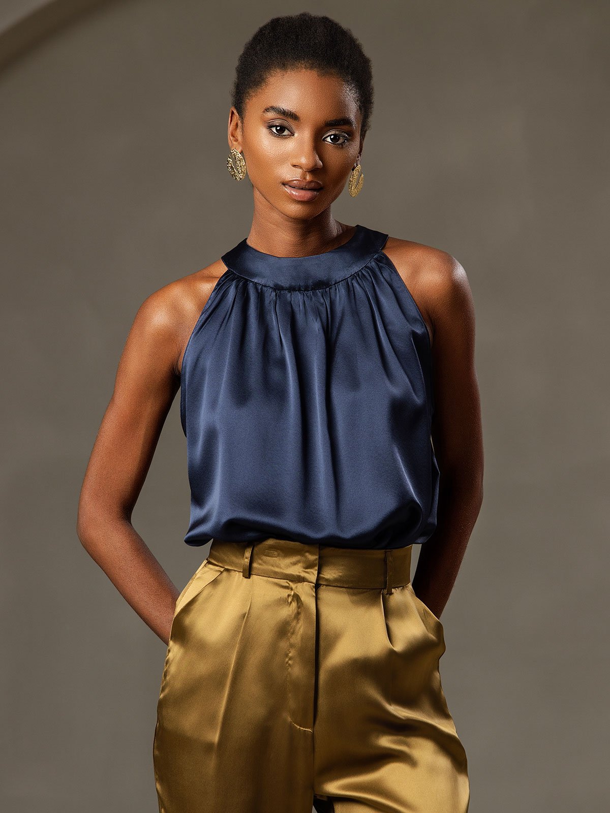 [Mørke blå] SilkSilky-NO 19Momme Silke Womens T-Shirt 003