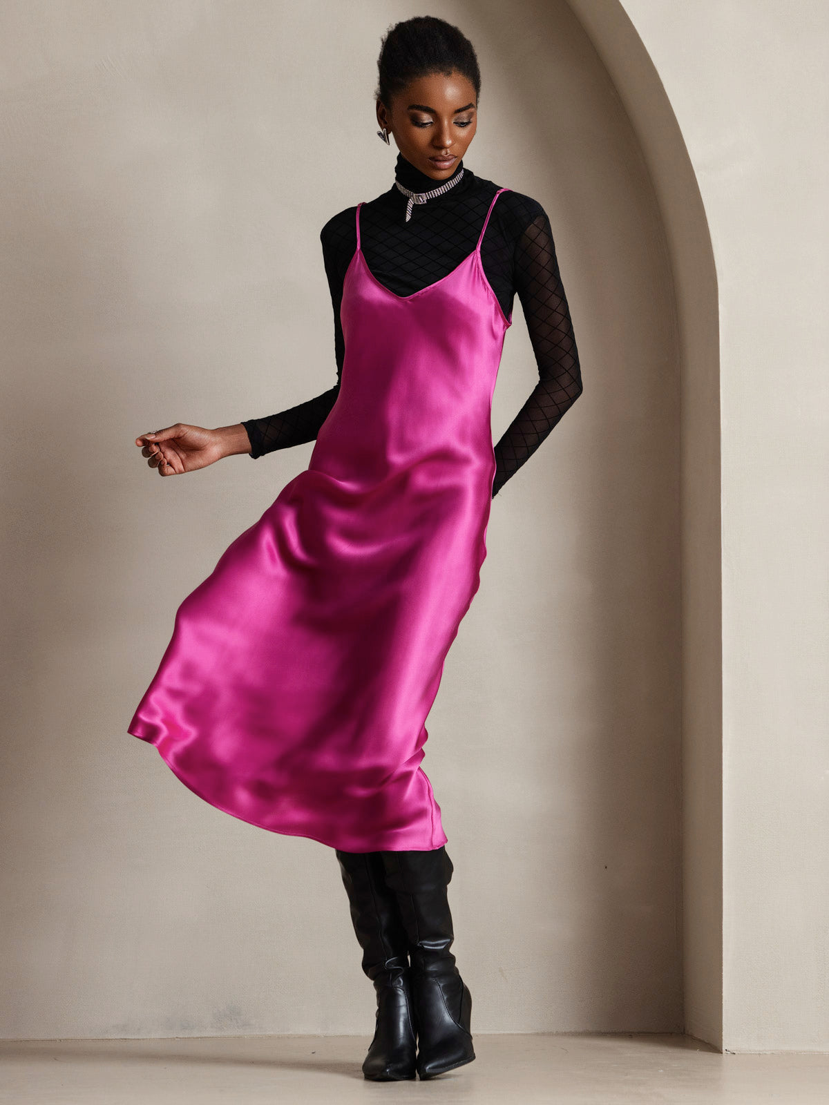 [Rosenrød] SilkSilky-NO Pure Silk Sleeveless Round Neck Kjole 005
