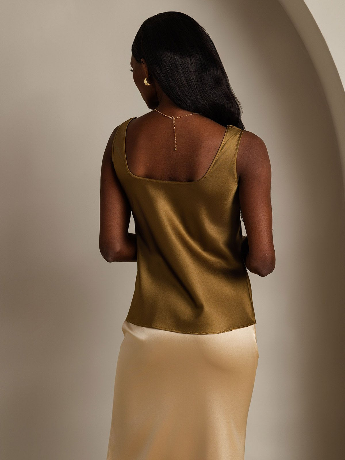 [Brun] SilkSilky-NO 19Momme Silke U-hals Camisole Topp 002