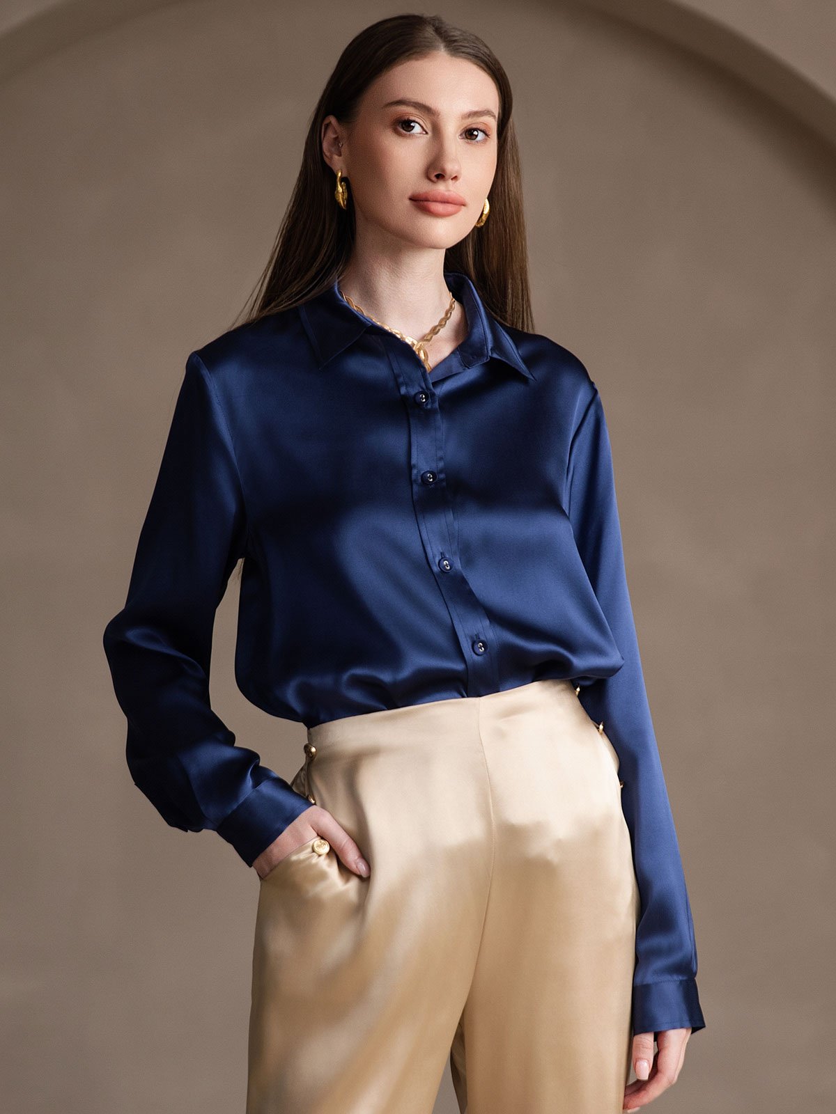 SilkSilky-NO 19Momme Silke Womens Shirt Mørkeblå 005