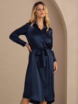 [Mørke blå] SilkSilky-NO Long Sleeve Lapel Collar Kjole 001