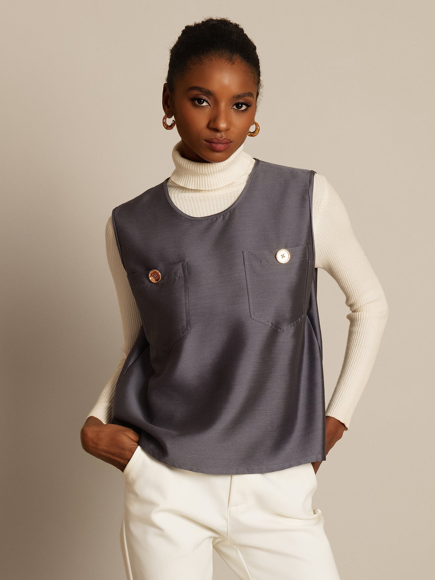 [Grå] SilkSilky-NO 32Momme Silk-Wool Blend Womens Vest 001,