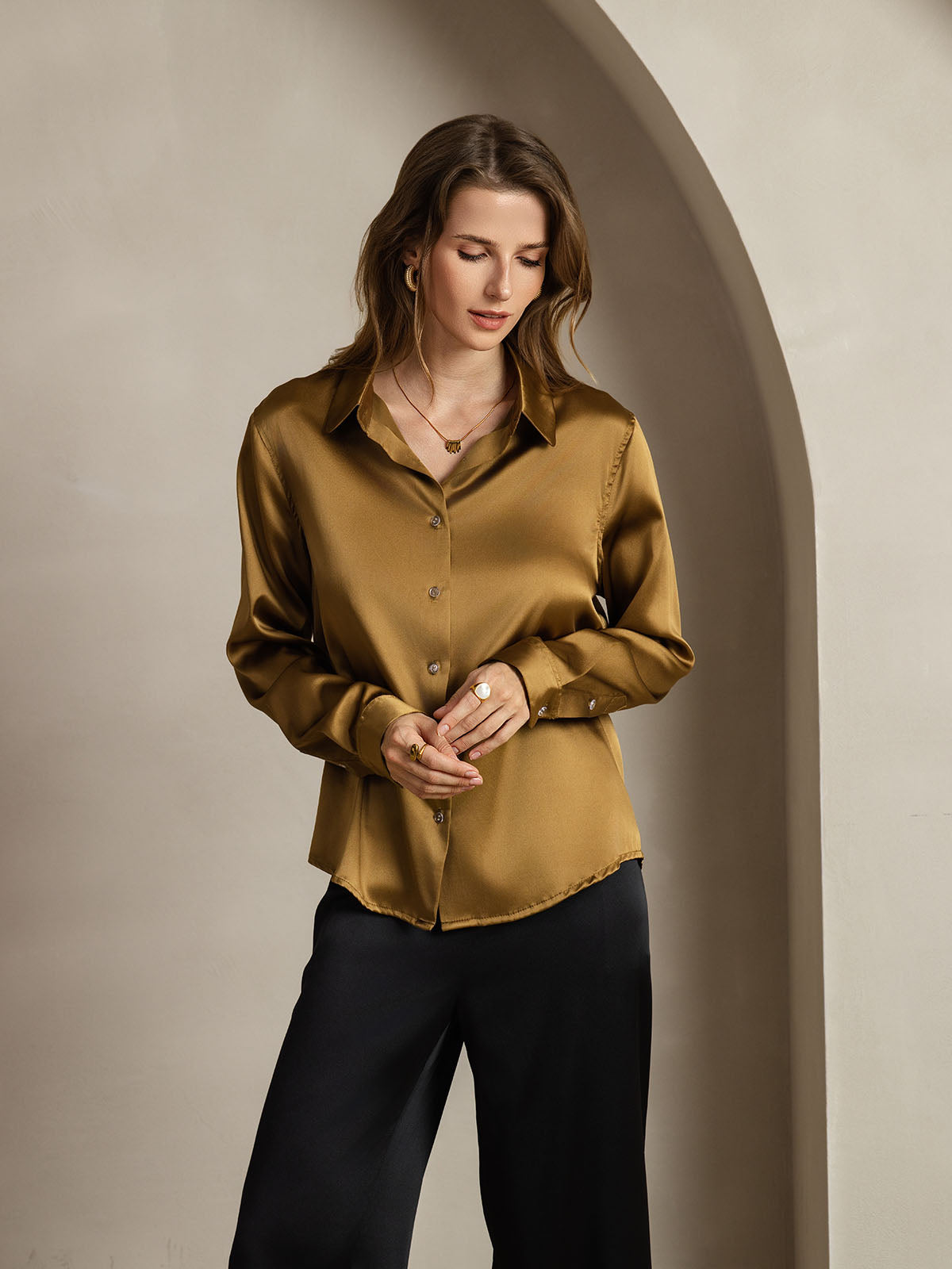 [Bronse] SilkSilky-NO Silke Lapel Collar Skjorte for Kvinner 006