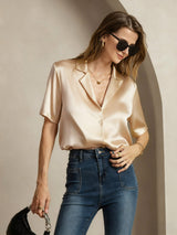 [Champagne] SilkSilky-NO Short Sleeve Lapel Collar Skjorte for Kvinner 001