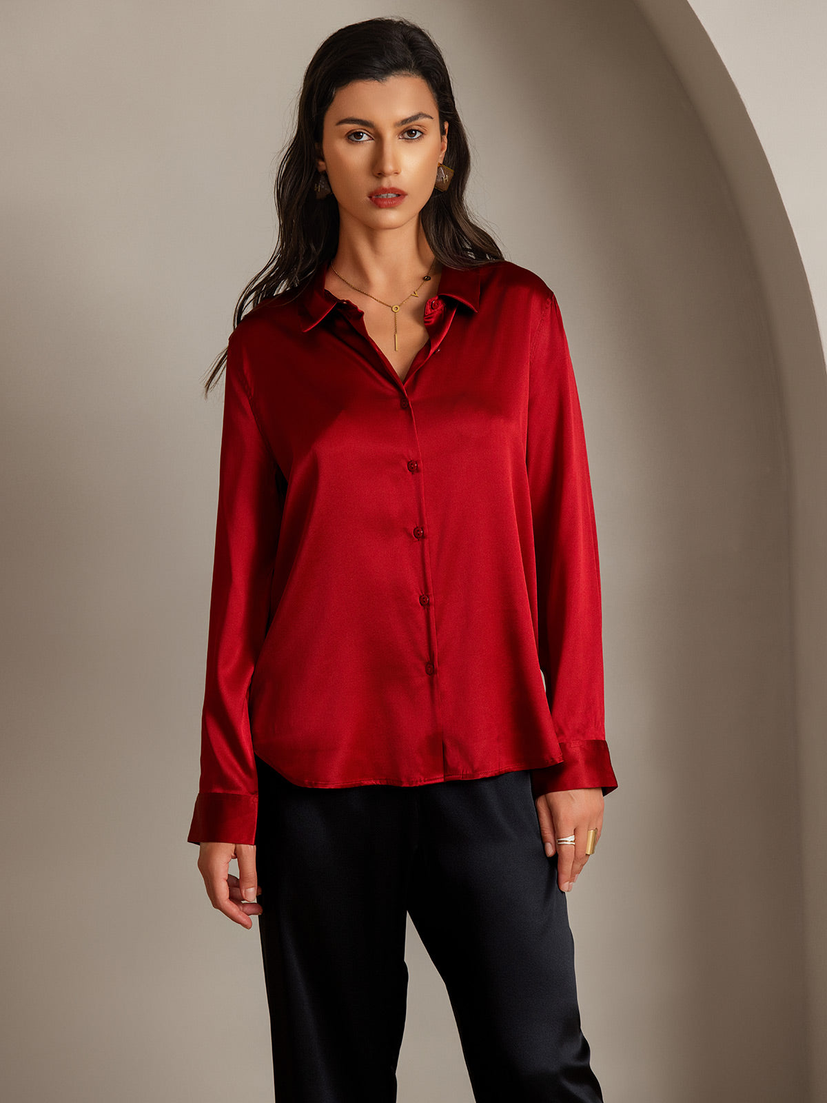 [Rød] SilkSilky-NO Silke Lapel Collar Skjorte for Kvinner 003