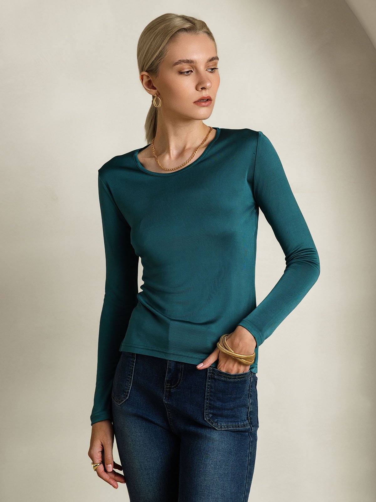 [Mørk Grønn] SilkSilky-NO Silke Long Sleeve Round Neck T-skjorte for Kvinner 001