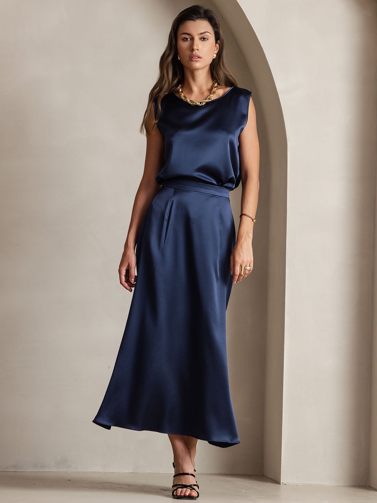 [Mørke blå] SilkSilky-NO 19Momme Silke Skirt 005