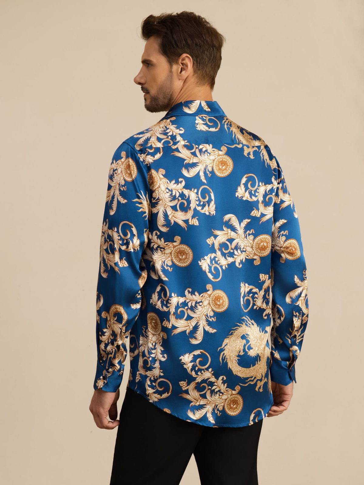 [Navy Drage] SilkSilky-NO Long Sleeve Lapel Collar Skjorte for Menn 002