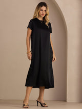[Svart] SilkSilky-NO Short Sleeve Round Neck Kjole 005