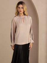 [Tan] SilkSilky-NO Long Sleeve Keyhole Neck Damebluser 004
