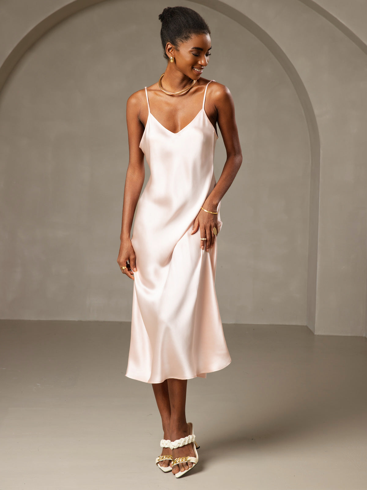 [Rosa] SilkSilky-NO Pure Silk Sleeveless Round Neck Kjole 001