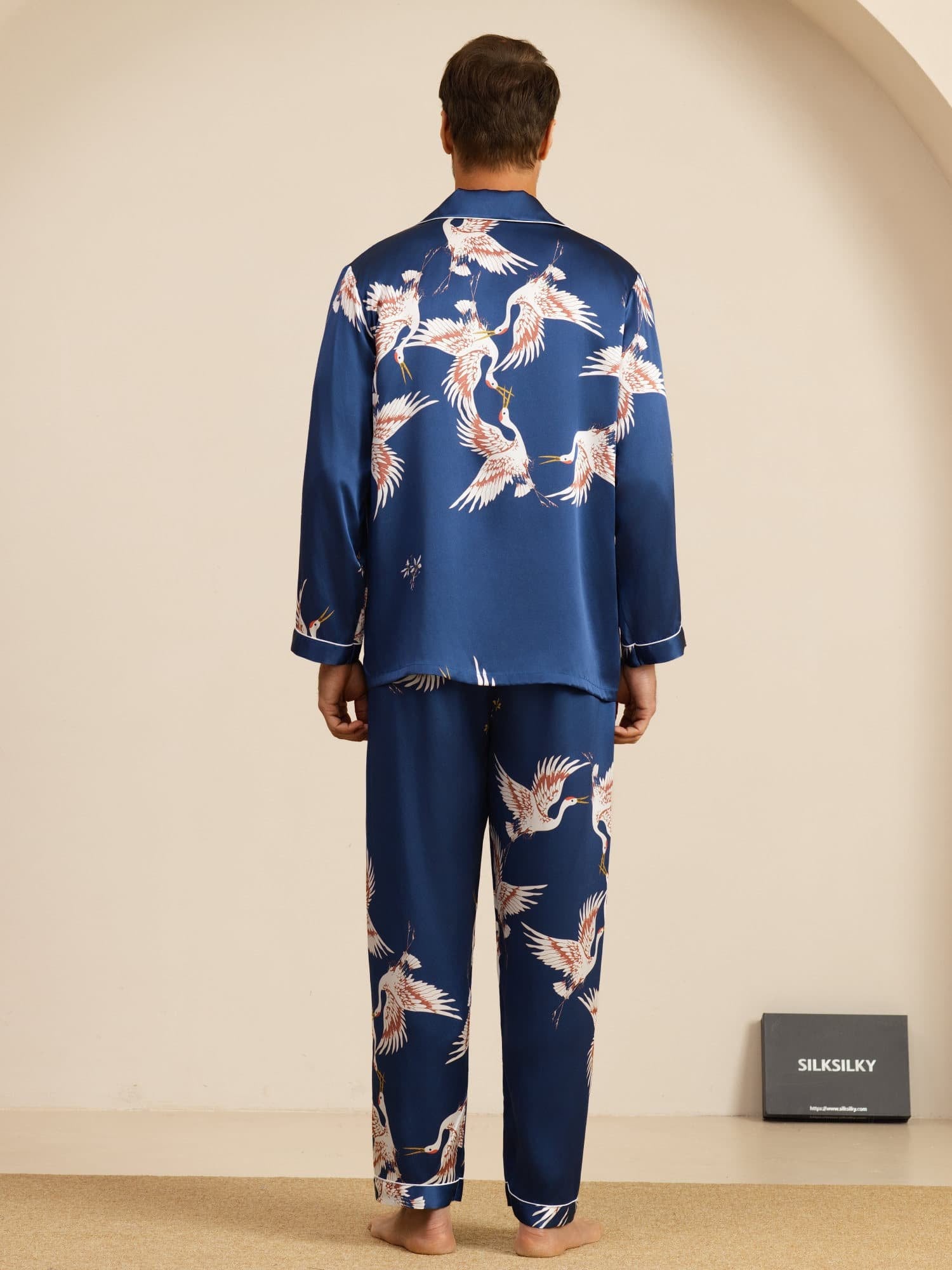 [Mørke blå] SilkSilky-NO Long Sleeve Notch Collar Pyjamas for menn 002
