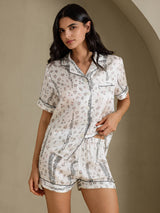 [Hvit Leopard] SilkSilky-NO Short Sleeve Notch Collar Pyjamas for Kvinner 004