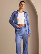 [Blå Nålestripete] SilkSilky-NO Long Sleeve Lapel Collar Women's Outfit Sets 003