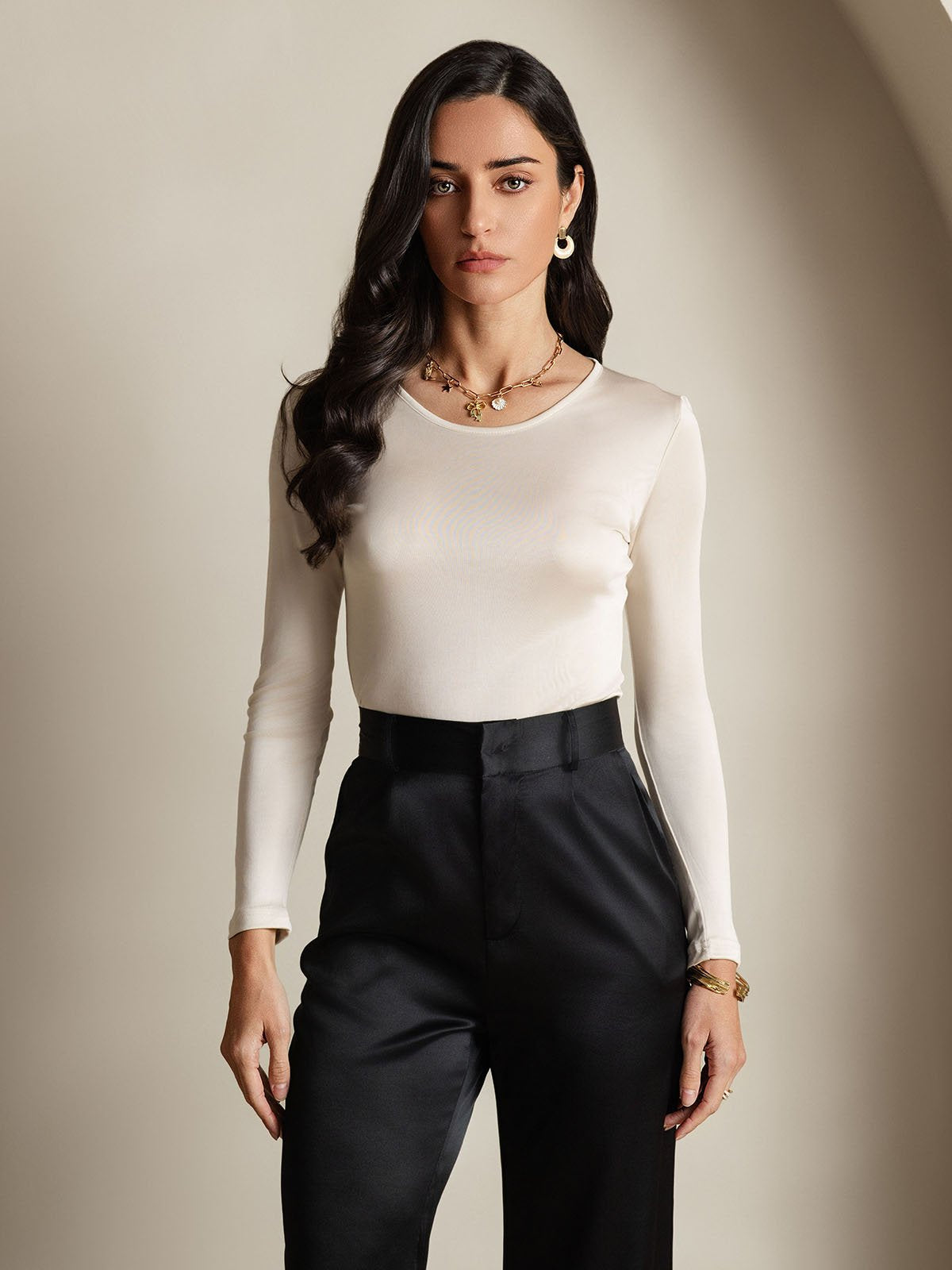 [Beige] SilkSilky-NO Langermet Rund Hals T-skjorte for Kvinner 001