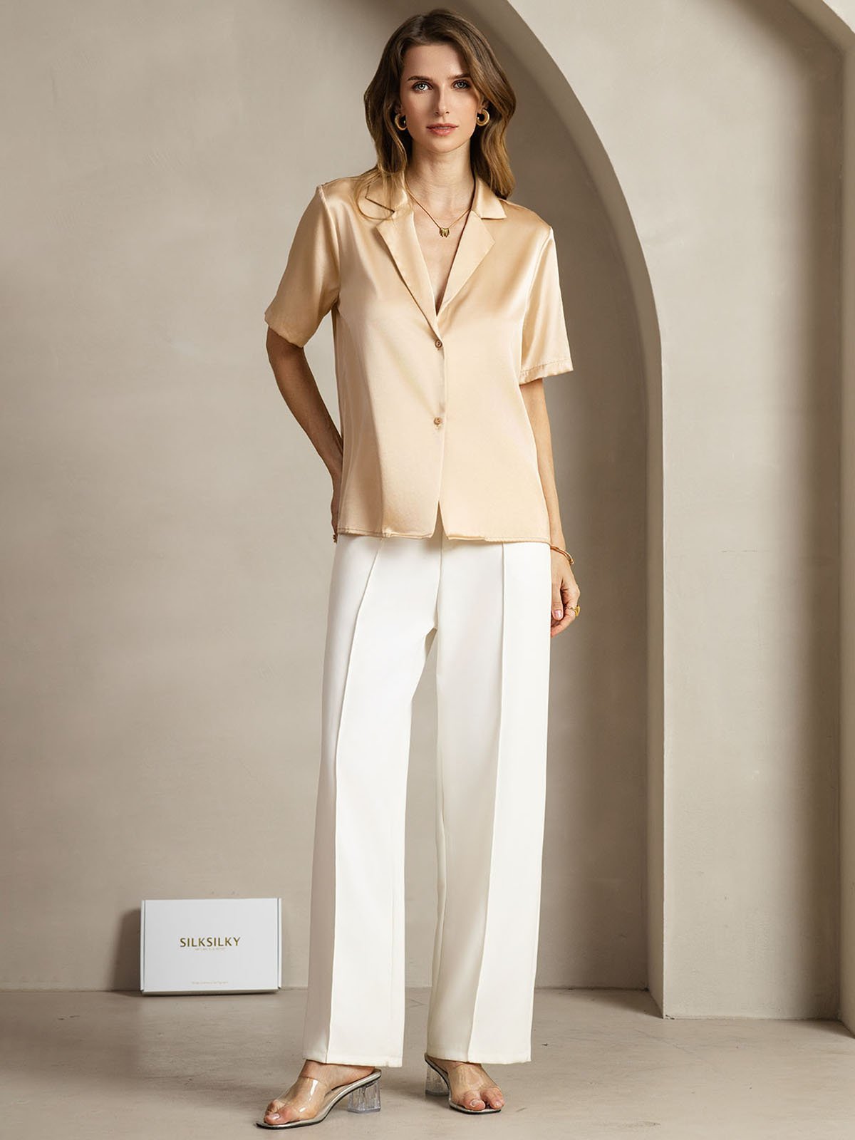 [Champagne] SilkSilky-NO 19Momme Silke Womens Shirt 003