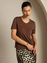 [Kaffe] SilkSilky-NO Short Sleeve V Neck T-skjorte for Kvinner 006