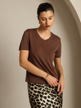 [Kaffe] SilkSilky-NO Short Sleeve V Neck T-skjorte for Kvinner 006