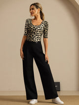 [Leopard] SilkSilky-NO Halv erme Dyp Rund Halsutringning T-skjorte for Kvinner 008