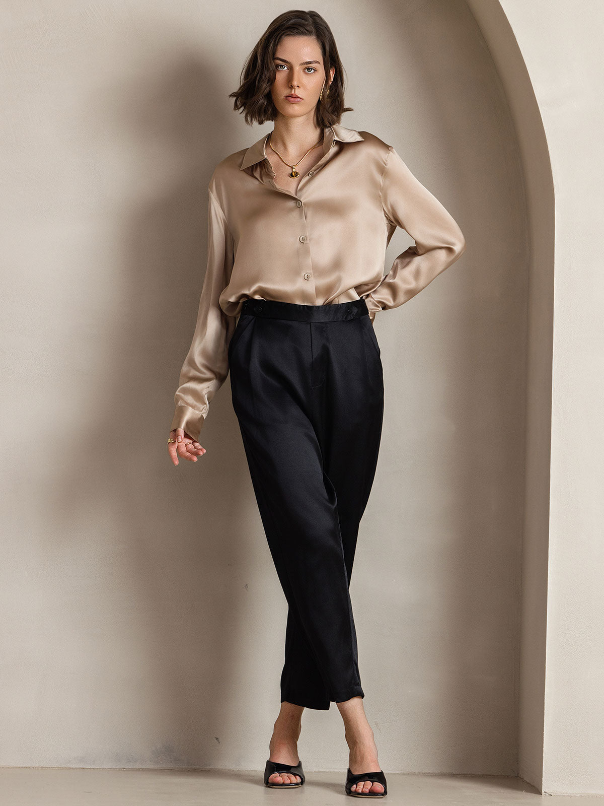 [Champagne] SilkSilky-NO Silke Long Sleeve Collar Skjorte for Kvinner 005