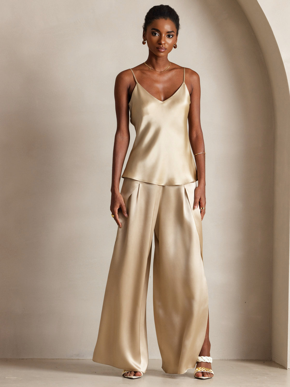 [Champagne] SilkSilky-NO V-Hals Camisole Topp 005