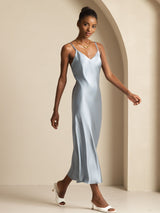 [Gråblå] SilkSilky-NO Spaghetti Strap V Neck Kjole 004