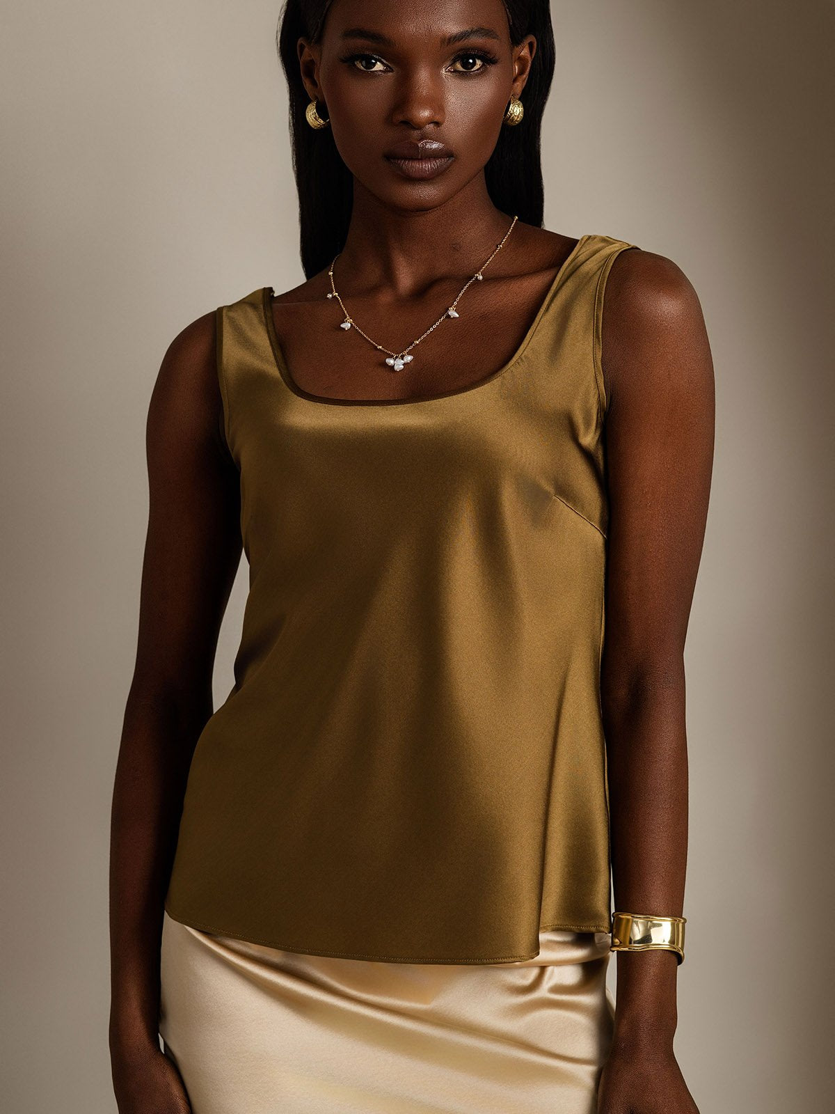 [Brun] SilkSilky-NO 19Momme Silke U-hals Camisole Topp 004