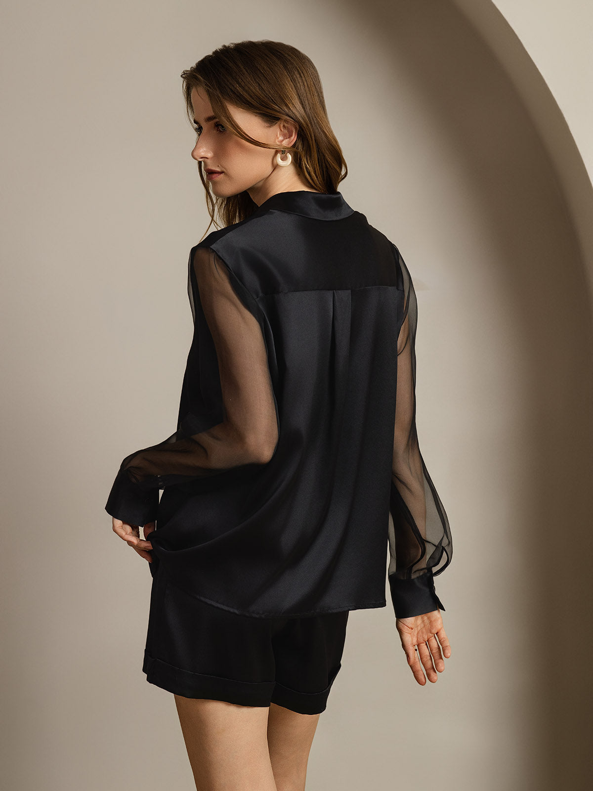 [Svart] SilkSilky-NO 19Momme Silke Lapel Collar Skjorte for Kvinner 002