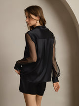 [Svart] SilkSilky-NO Long Sleeve Lapel Collar Skjorte for Kvinner 002