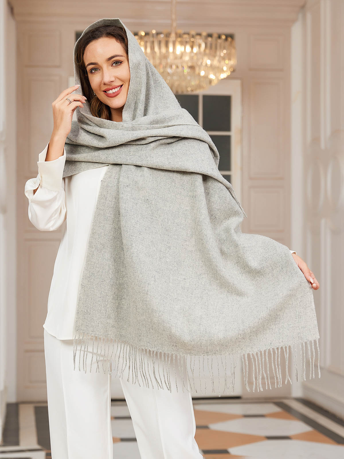 [Lysegrå] SilkSilky-NO Ull Scarf 001
