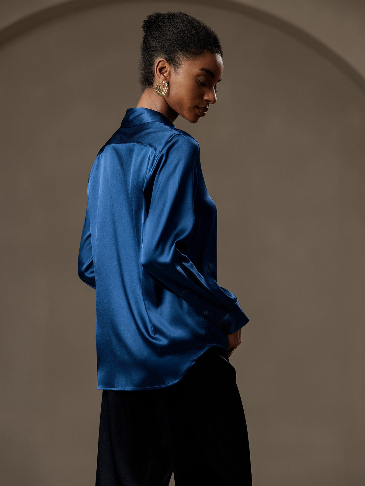 [Blågrønn] SilkSilky-NO Silke Lapel Collar Skjorte for Kvinner 002