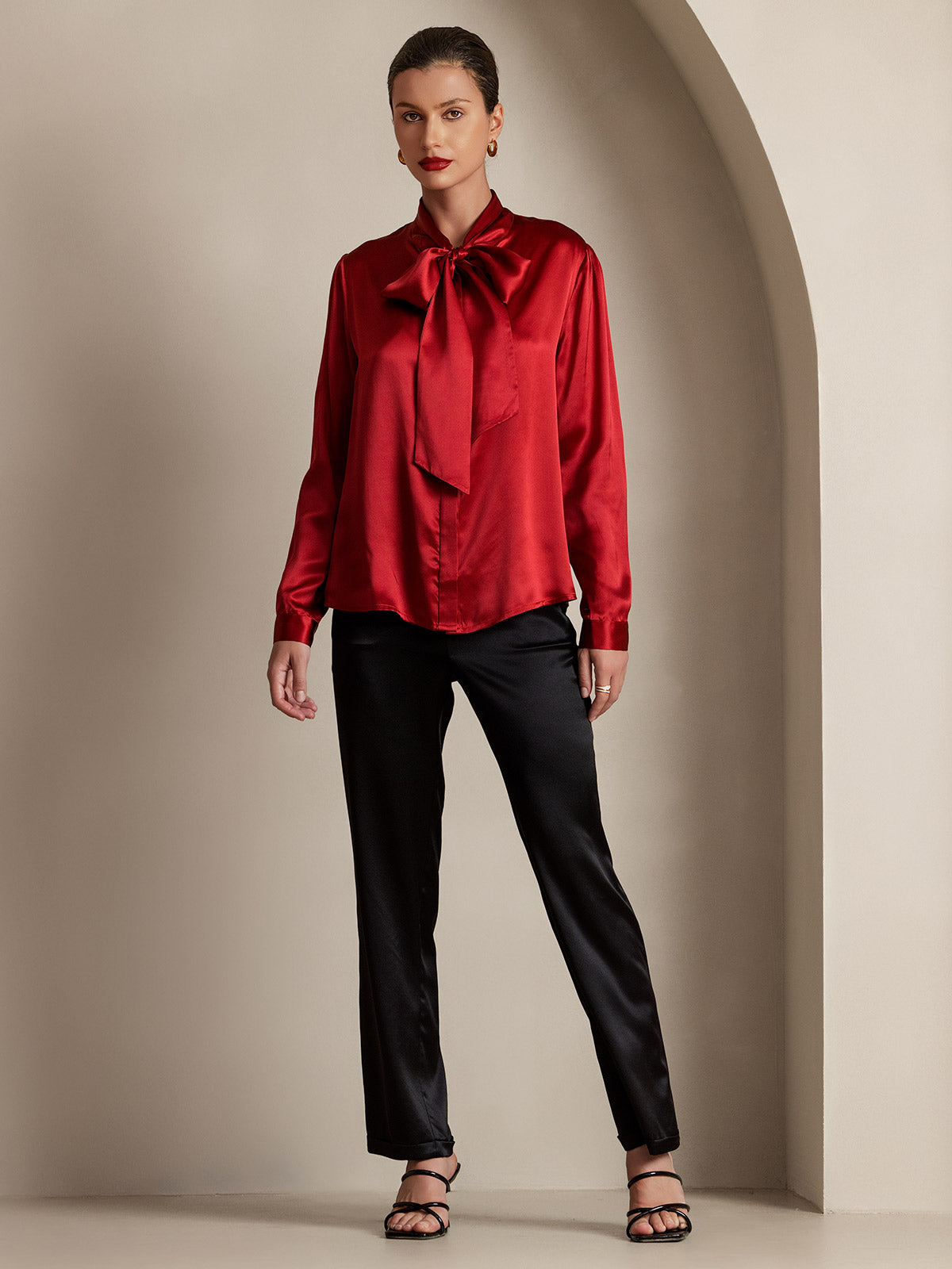 [Vin] SilkSilky-NO 19Momme Silke Long Sleeve Tie Neck Skjorte for Kvinner 005