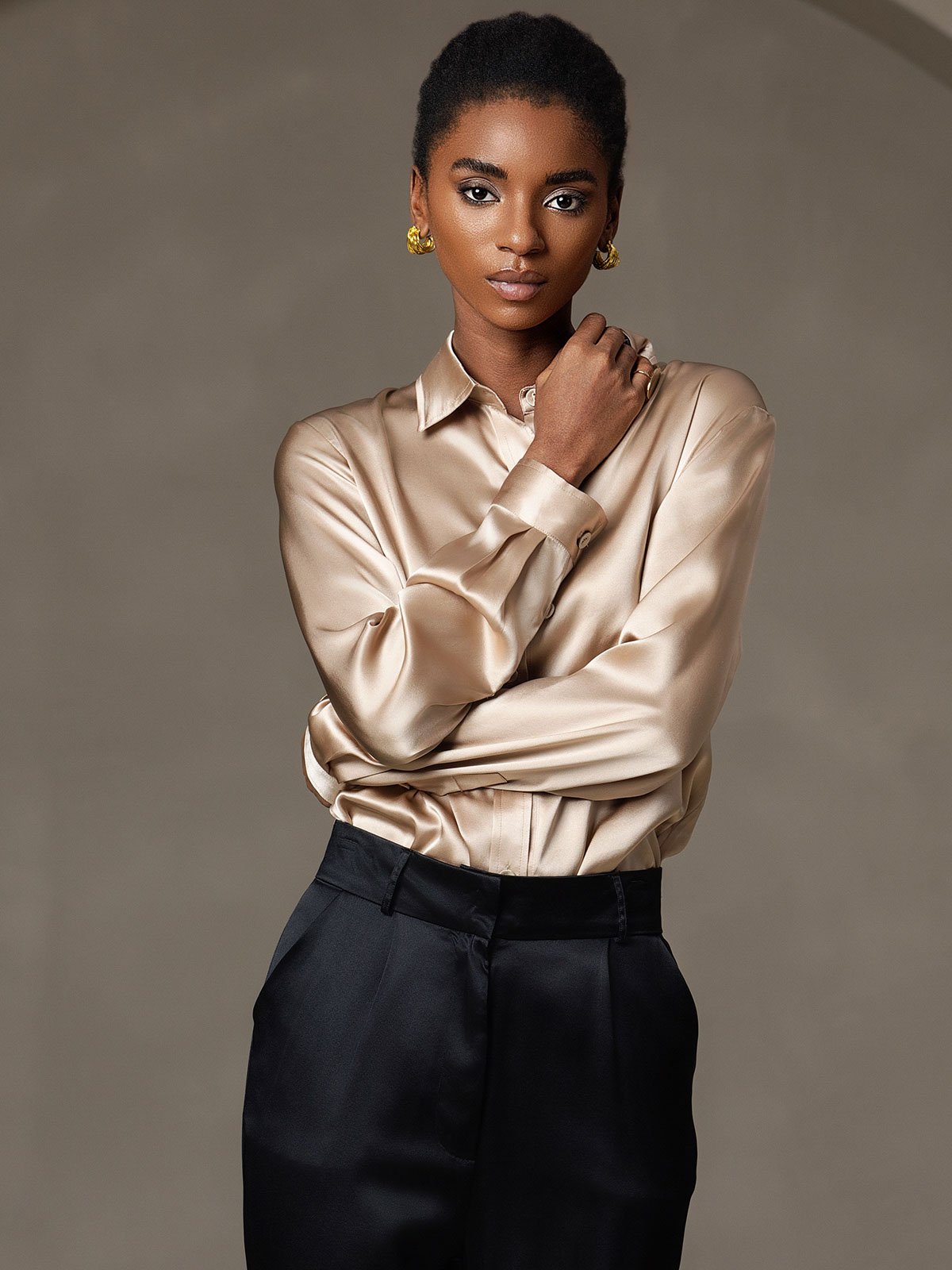 SilkSilky-NO 19Momme Silke Womens Shirt Champagne 005