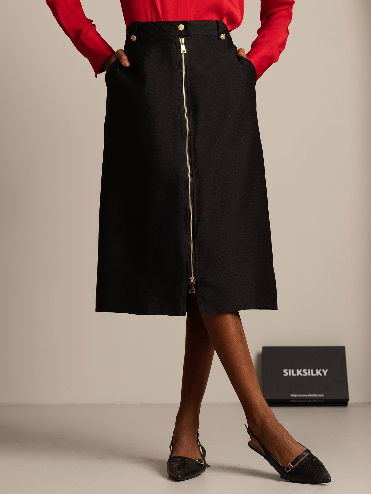 [Svart] SilkSilky-NO 32Momme Silk-Wool Blend Skirt 001,