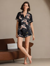 [Svart] SilkSilky-NO Short Sleeve Lapel Collar Pyjamas for Kvinner 006