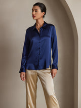 [Mørke blå] SilkSilky-NO Long Sleeve Lapel Collar Skjorte for Kvinner 001