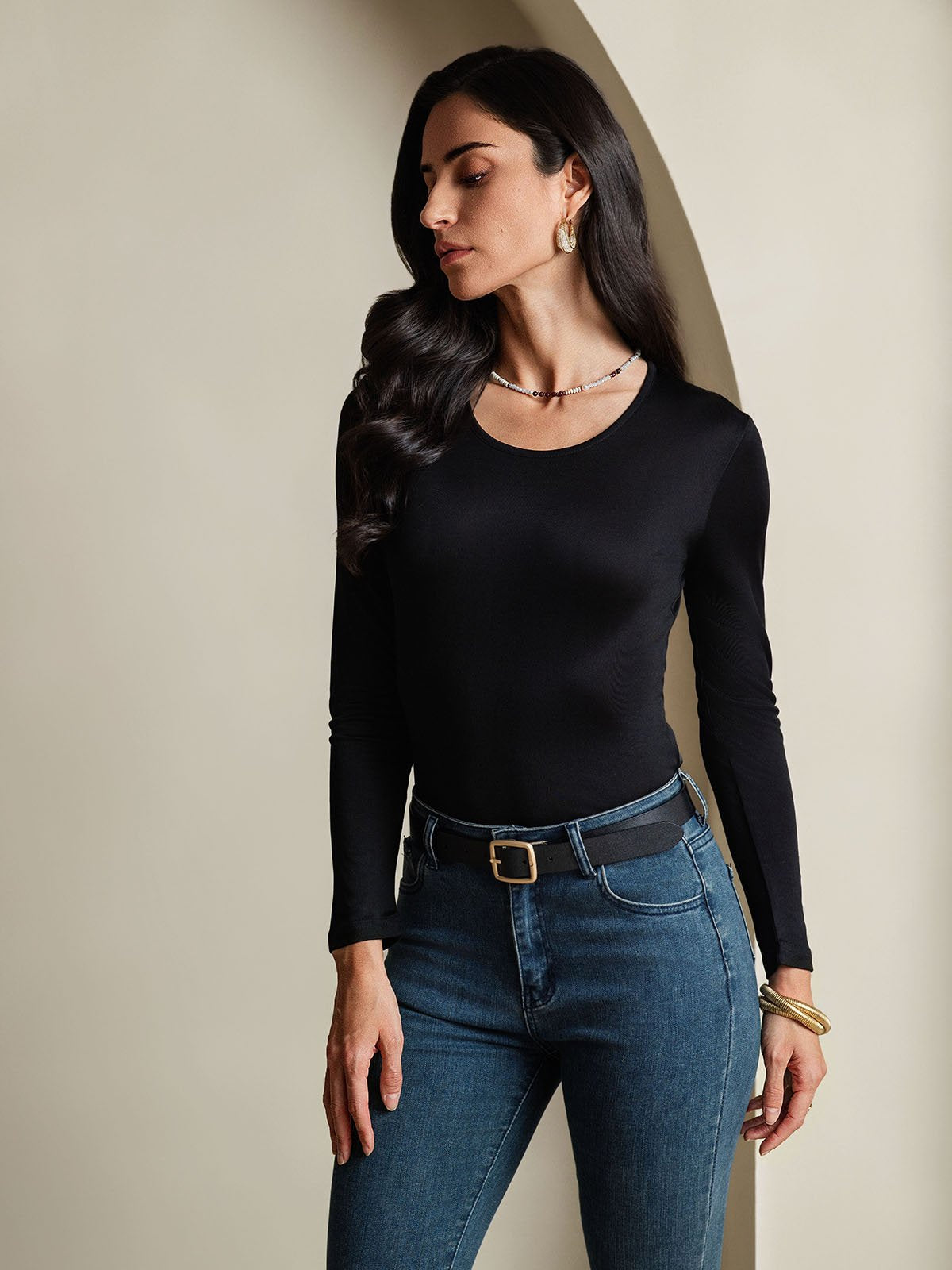 [Svart] SilkSilky-NO Silke Long Sleeve Round Neck T-skjorte for Kvinner 004
