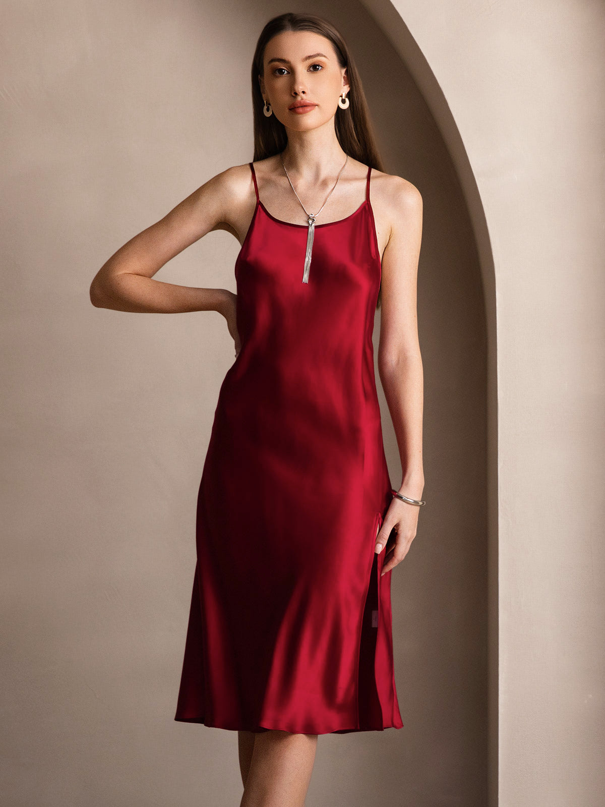 SilkSilky US Pure Silk Sleeveless Round Neck Dress Wine 006