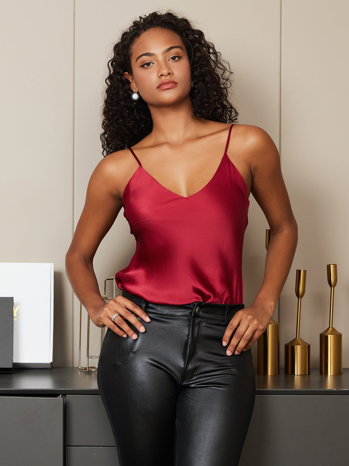 [Mørkerød] SilkSilky-NO V-Hals Camisole Topp 004